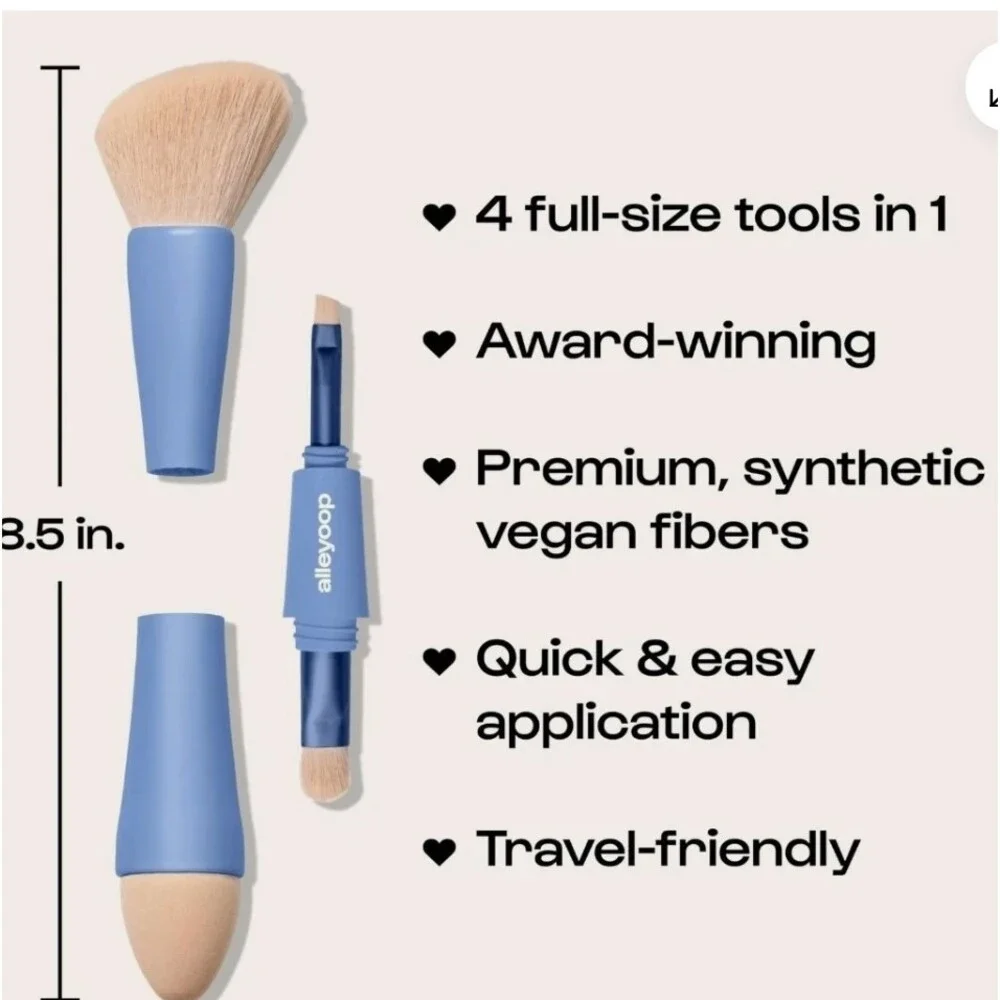 Alleyoop Overachiever 4-in-1 Multi Tasker Travel Makeup Brush Set •NOB• Vegan